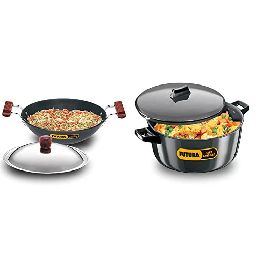 Hawkins - L26 Futura Hard Anodized Flat Bottom Deep-Fry Pan with Steel Lid (3.75 Liter, 30 cm) and L66 Futura Hard Anodised Cook-n-Serve Bowl, 6 litres, Black