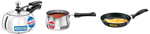 Hawkins Futura 3.25 mm Thickness Frying Pan (1 Litre, 22 cm, Black) & Tpan Capacity 1.5 Litre, Thickness 4.7 mm, Silver (SST15) & Contura Induction Compatible Pressure Cooker, 2 Litre, Silver (SSC20)