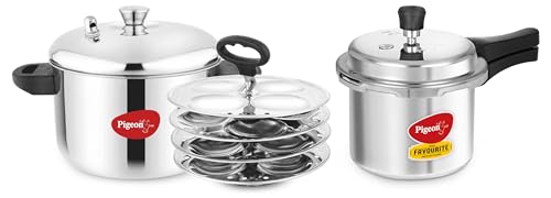 Pigeon Idly Maker 4 Plates Compatible with Induction and Gas Stove & Pigeon By Stovekraft Pressure Cooker with Outer Lid Gas Stove Compatible 3 Litre Capacity for Healthy Cooking (Silver)