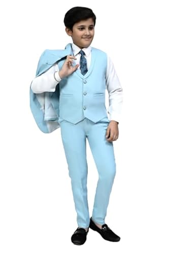 Joley Poley Boy Regular Fit 5 Piece Coat Pant with Shirt, Blazer, Waistcoat & Tie Set Ideal for Kids & Boys Parties, Function and Formal Gatherings (Sky Blue, 12-13 Years)