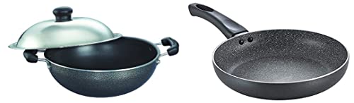 Prestige Omega Select Plus Aluminium Non-Stick Round Base Kadhai with Lid, 20 cm, Black & Prestige Omega Deluxe Aluminium Granite Fry Pan, 20cm (Omelette Pan), Black