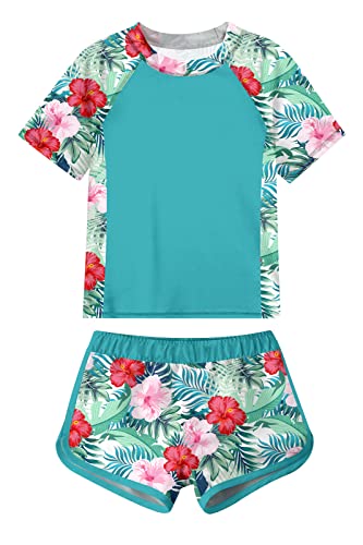 ADUKIDE Girls Rash Guard Swimsuit 2-Piece Bathing Suit UPF 50+ Summer Beach Swimwear Size 7-12T, Floral 04, 10-11 Years