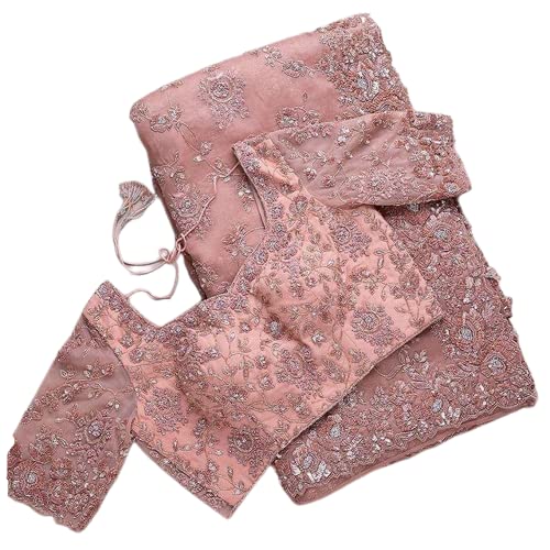 infloura Women's And Girls Khadi Organza Silk Fabric Saree With Beautiful Sequins & Embroidery Thread Zari work (Piech)