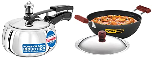 Hawkins Stainless Steel Contura Induction Compatible Inner Lid Pressure Cooker, 1.5 Litre & INK35S Aluminium Nonstick Induction Flat Bottom Kadhai with Stainless Steel Lid (3.5 L)