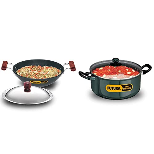 Hawkins - L26 Futura Hard Anodized Flat Bottom Deep-Fry Pan with Steel Lid (3.75 Liter, 30 cm) and Futura Hard Anodised Stewpot with Glass Lid, 5 litres