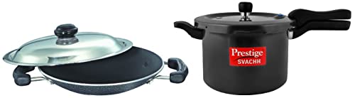 Prestige Svachh 5 Litre Aluminium Pressure Cooker with Hard Anodized Body (Black) & Prestige Omega Select Plus Aluminium Residue Free Non-Stick Appachetty with Lid, 20 cm, Black