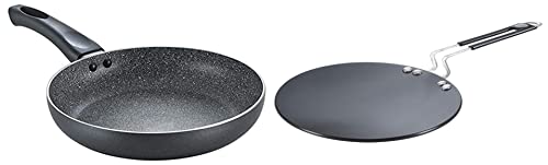 Prestige Hard Anodised Plus Cookware Induction Base Roti Tawa, 225mm, Black & Omega Deluxe Aluminium Granite Fry Pan, 200mm (Omelette Pan), Black Combo