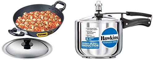 Hawkins 3 Litre Pressure Cooker, Stainless Steel Cooker, Induction Cooker - Inner Lid & 2.5 Litre Deep Fry Pan, Non Stick Kadai with Stainless Steel Lid, Round Bottom Kadhai