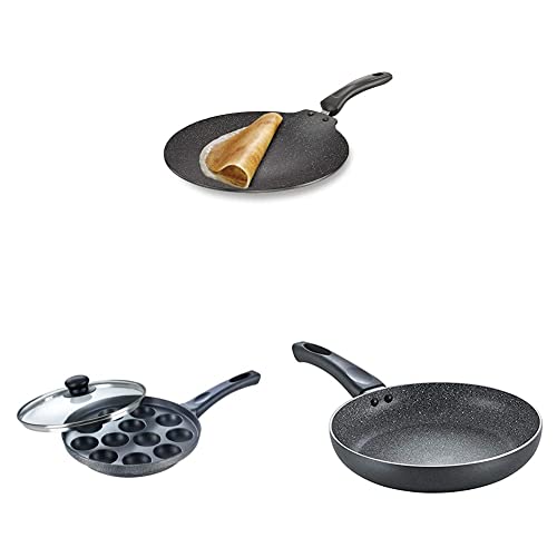 Prestige Flat Dosa Tawa, 28 cm (Black, Aluminium) Aluminium Omega Select Plus Paniyarakkal with Lid (24 cm, Black)- Gas Top Compatible Only, Black&Prestige Fry Pan, 28 cm, Black (36306)