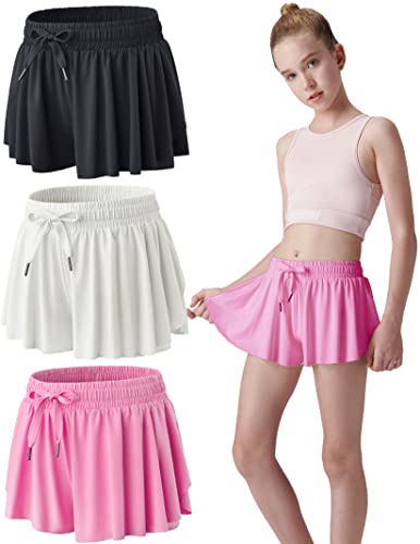 3 Pack Girls Flowy Shorts with Spandex Liner 2-in-1 Youth Butterfly Skirts for Fitness, Running, Sports, Pink/White/Black, Large