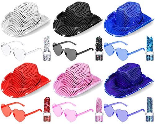 6 Set LED Space Cowgirl Hat, Neon Sparkly Cowboy Hat with Glasses and Glitter Set, Halloween Cow Girl Costume Accessories for Women Girls Kids Disco Rodeo Holiday Party Decoration, 6 Colors