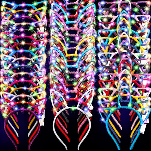 60 Pcs LED Cat Ears Headband Cute Light up Headband Cat Ear Bunny Ear Unicorn Headband Light up Hair Accessories Luminous LED Headdress Hairbands for Women Girls Halloween Christmas Party Supplies