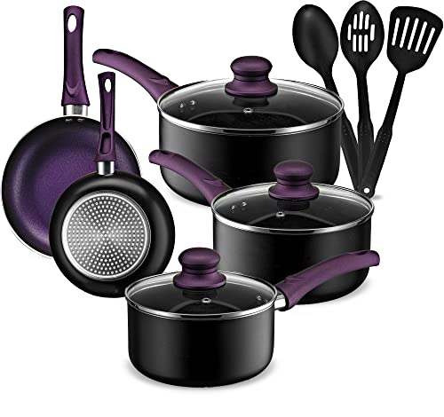 AHEIM Pots and Pans Set, Aluminum Nonstick Cookware Set, Fry Pans, Casserole with Lid, Sauce Pan, and Utensils, 11 Piece Cooking Set (Purple)