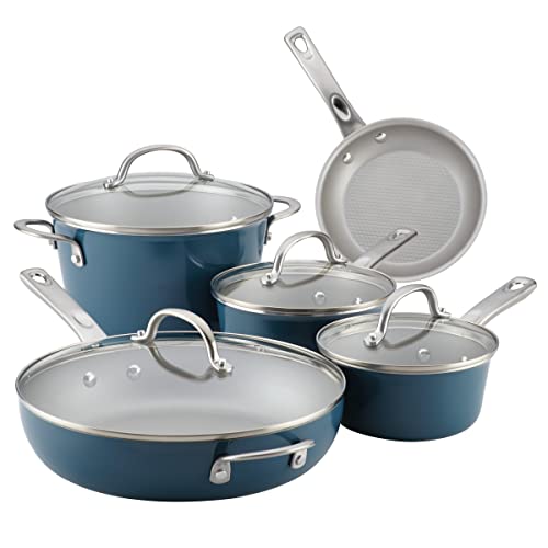 Ayesha Curry Home Collection Aluminium Nonstick Cookware Set, Saucepans: 1.5-Qt/ 2-qt, 5.5-Qt covered Dutch oven, 9 Piece (Twilight Teal)