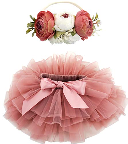 BGFKS Baby Girls Soft Fluffy Tutu Skirt with Cotton Diaper Cover,Toddler Girl Tutu Skirt Sets with Flower Headband.(Dusty Rose,0-6 Months)