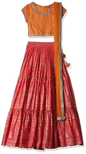 BIBA Girls Orange & Coral Art Silk Lehenga Set