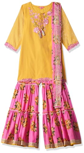 BIBA Girls Yellow & Violet Art Silk Straight Kurta Garara Suit Set