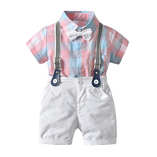 Baby Boys Gentleman Outfits Suits, Infant Short Sleeve Shirt+Bib Pants+Bow Tie Overalls Clothes Set Pink