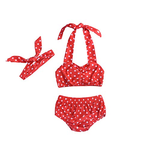 Baby Girl Bikini,Kids Toddler Polka Dot Swimsuits Halter Swimwear Bikinis Set with Headband (Red, 6-12M)