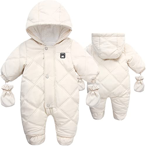 Baby Winter Warm Puffer Solid Zipper Romper hooded Snowsuit with Mittens and Shoes, Beige, (18-24)Month