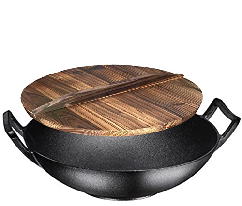 Bruntmor, Pre-Seasoned Cast Iron Wok, Black, 14-inch w/Large Loop Handles & Flat Base with Wooden Lid