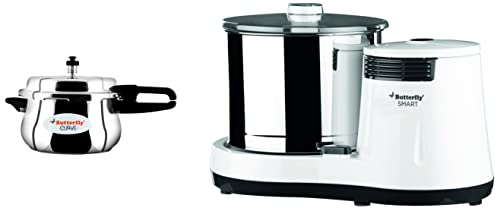 Butterfly Smart Wet Grinder, 2L (White), 150 Watt & Curve Pressure Cooker, 5.5 Litre & Butterfly Smart Plus Glass 3 Burner Gas Stove, Black & White