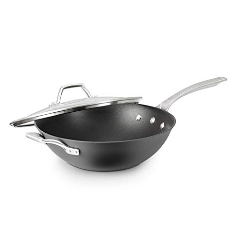 Calphalon 1948257 Signature Hard Anodized Nonstick Covered Flat Bottom Wok, 12", Black