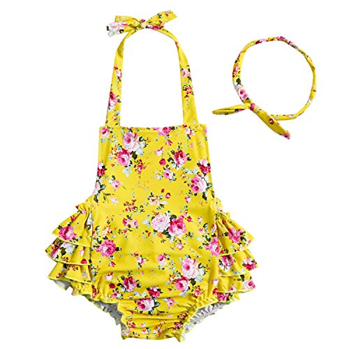 China Rose 50's Floral Ruffles Rompers Backless Dress Bathing Suit Swimwear (Large (2-4 Years Old), Yellow)