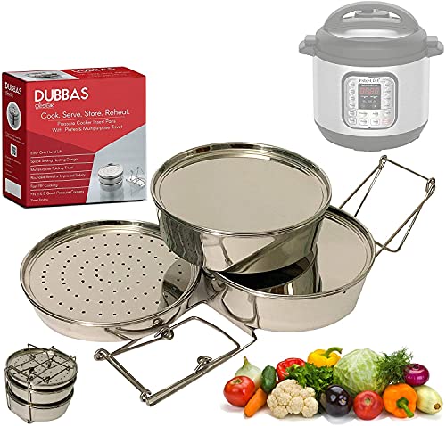 Dubbas - 3 Tier Stainless Steel Stackable Insert Pans/Steamer Compatible with 6 & 8 Quart Instant Pot Cooker PIP w/Lids/Plates & Trivet/Sling to Cook, Serve, Store & Reheat