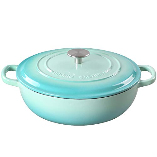 EDGING CASTING Enameled Cast Iron Dutch Oven Shallow Casserole Braiser with Dual Handle, 5.9-QT, Peacock Blue