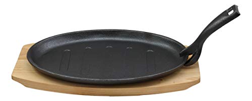 Ebros Personal Size 10.75"L x 7"W Cast Iron Sizzling Fajita Skillet Ridged Japanese Steak Plate With Handle and Wood Base For Restaurant Home Kitchen Cooking Accessory For Pan Grilling Meats Seafood