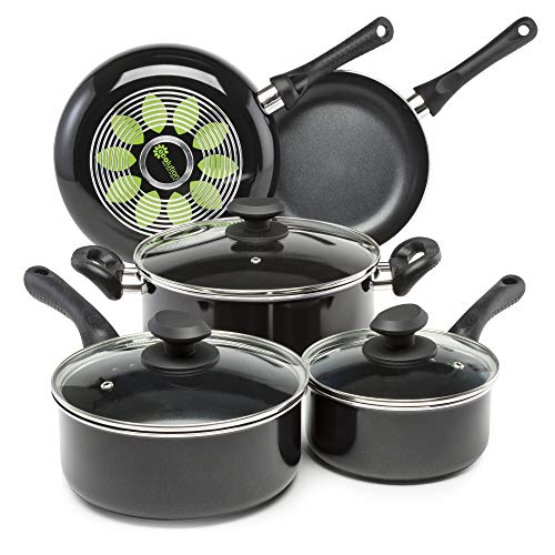 Ecolution Artistry Nonstick Cookware Set Pots and Pans, Dishwasher Safe, Scratch Resistant, With Easy Food Release Interior, Cool Touch Handles, and Even Heating Base, 8 Piece, Black