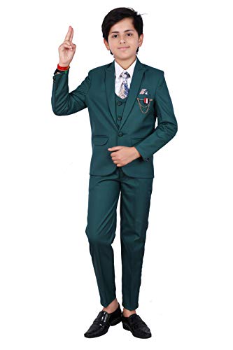 FOURFOLDS 5 Piece Coat Suit with Shirt Pant Blazer Waistcoat & Tie for Kids & Boys(FS122, Dark Green, 15)