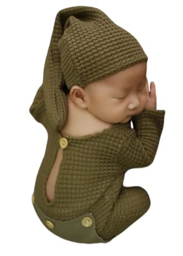 Fashion Newborn Boys Girls Baby Photo Shoot Props Outfits Crochet Clothes Long Tail Hat Pants Photography Props (ArmyGreen)