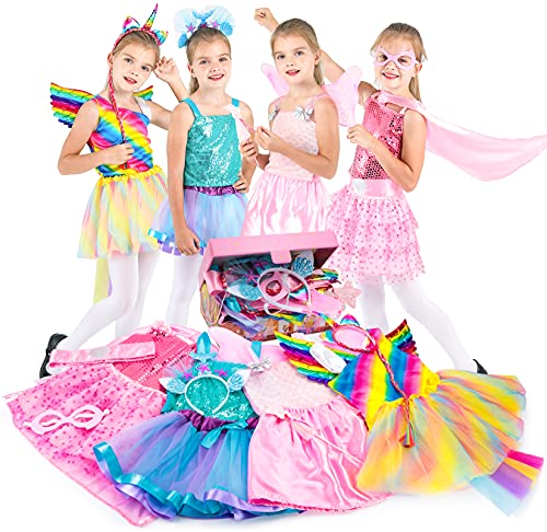 Fedio Girls Princess Dress up Trunk Pretend Play Costume Set Super Girl, Unicorn,Fairy, Mermaid Costume for Toddlers Little Girls Ages 3-6 Years