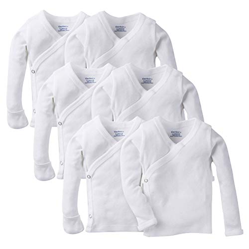 Gerber Baby 6-Pack Long Sleeve Side Snap Mitten Cuff Shirt, White, 0-3 Months