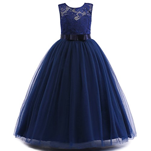 Glamulice Girls Lace Bridesmaid Dress Long A Line Wedding Pageant Dresses Tulle Party Gown Age 3-16Y (15-16Y, O-Navy Blue)