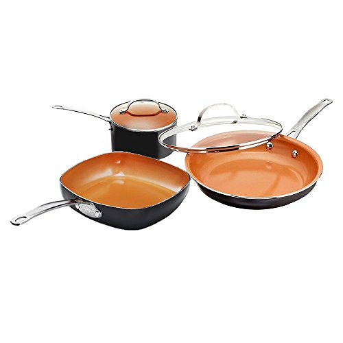 Gotham Steel 5 Piece Kitchen Essentials Set with Nonstick Ti-Cerama Copper Coating Includes Square Multi Use Pan, 2 qt. Pot and 11" Fry Pan with Lid