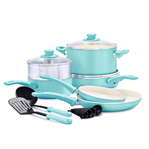 GreenLife Soft Grip Healthy Ceramic Nonstick 12 Piece Cookware Pots and Pans Set, PFAS-Free, Dishwasher Safe, Turquoise