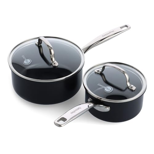 GreenPan Prime Midnight Hard Anodized Healthy Ceramic Nonstick, 1QT and 2QT Saucepan Pot Set with Lids, PFAS-Free, Dishwasher Safe, Oven Safe, Black