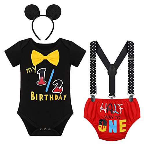 Half Birthday Boy Girl Half Way to First 1/2 Halfway Cake Smash Outfit Diaper Cover+Suspenders+Bowtie+Headband for Photo Props Baby Boys' 1/2 One-Half 6 Months Old 019-Black 6-12 Months