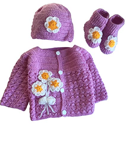 Hand Made 3 Piece Knitted Magnolia Flower Baby Crochet Set- Newborn Toddler Wool Sweater Set Includes- Booties & Hat (0-6, Purple Magnolia Flower)