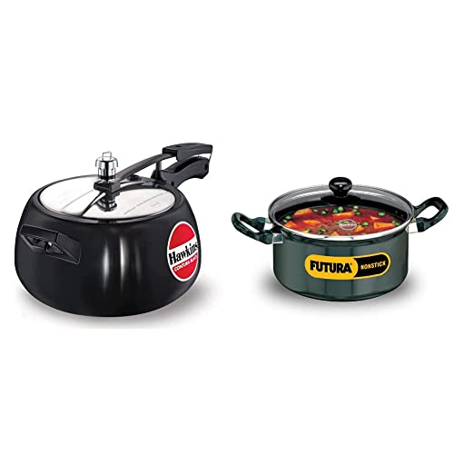 Hawkins Aluminium Contura Black Pressure Cooker, 5 L, Black CB50 and Hawkins Futura Nonstick Cook-n-Serve Stewpot with Glass Lid, Capacity 3 L, Diameter 20 cm, Thickness 3.25 mm, Black NST30G