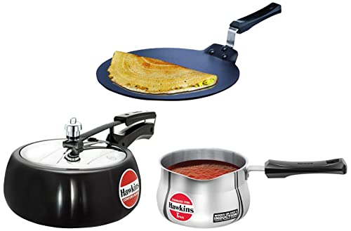 Hawkins Aluminium Futura Dosa Tava, Thickness 4.88 mm (Black) & Pressure Cooker, 2 Liters , Black & Induction Compatible Tpan (Saucepan), Capacity 1.5 Litre, Thickness 4.7 mm, Silver (SST15)