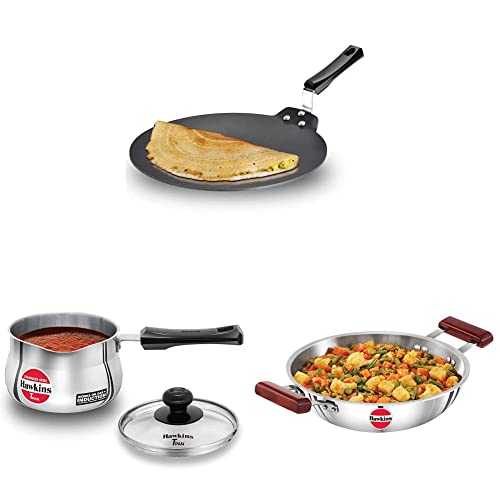 Hawkins Aluminium Futura Dosa Tava,Diameter 28 Cm,Thickness 4.88 Mm(Black)&Tpan Capacity 1.5 Litre,Thickness 4.7 Mm,Silver&Deep-Fry Pan,Capacity 2.5 Litre,Diameter 26 Cm,Thickness 3 Mm,Silver