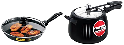 Hawkins Aluminium Futura Nonstick Frying Pan with Glass Lid, Capacity 1.5 L Diameter 26 Cm, Thickness 3.25 Mm, Black & Contura Black Pressure Cooker, 6.5 Litre, Black (Cb65), 6.5 Liter