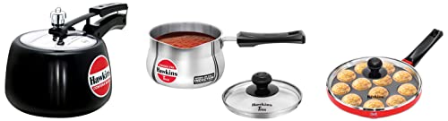 Hawkins Appe Pan,12 Cups,Red&Contura Hard Anodised Aluminium Pressure Cooker,3 litres,Black&Induction Compatible Tpan(Saucepan),Capacity 1.5 Litre,Thickness 4.7 Mm,Silver(Sst15G),1.5 Liter