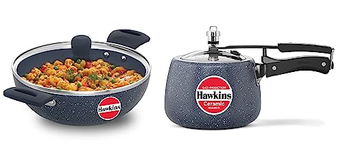 Hawkins Ceramic Nonstick Pressure Cooker and Deep Kadhai (3 Litre Cooker + 2.5 Litre Kadai)