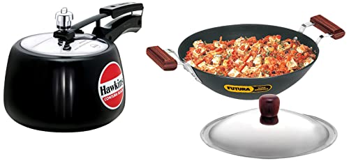 Hawkins Contura Black Pressure Cooker, 3 Litre, Black (Cb30) & Futura 4 Litre Deep Fry Pan, Hard Anodised Kadai With Stainless Steel Lid, Round Bottom Kadhai, Big Kadai, Black (Ak40S), 3 Liter