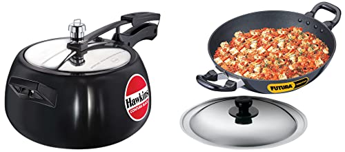 Hawkins Contura Black Pressure Cooker, 5 Litre, Black (Cb50) & Futura 2.5 Litre Deep Fry Pan, Non Stick Kadai With Stainless Steel Lid, Round Bottom Kadhai, Black (Nk25S), 2.5 Liter